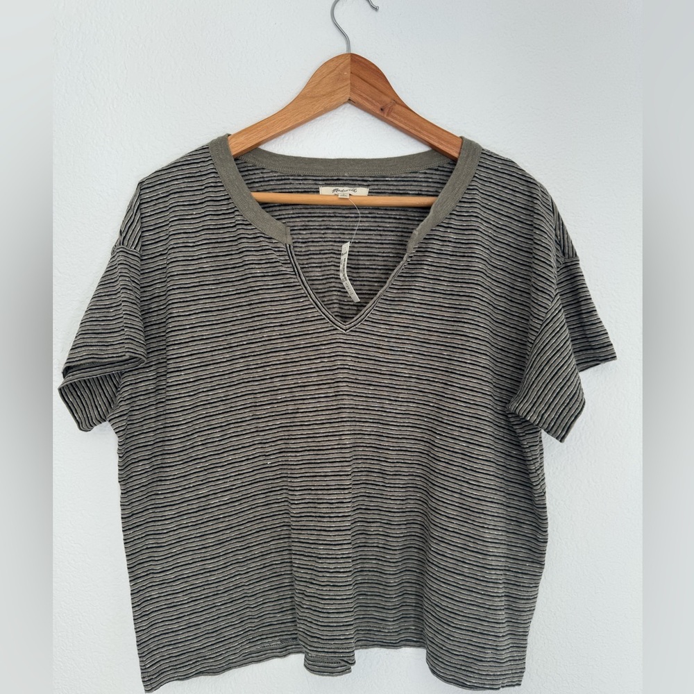 Madewell Striped Split Neck Hemp Blend T-shirt NWT Large